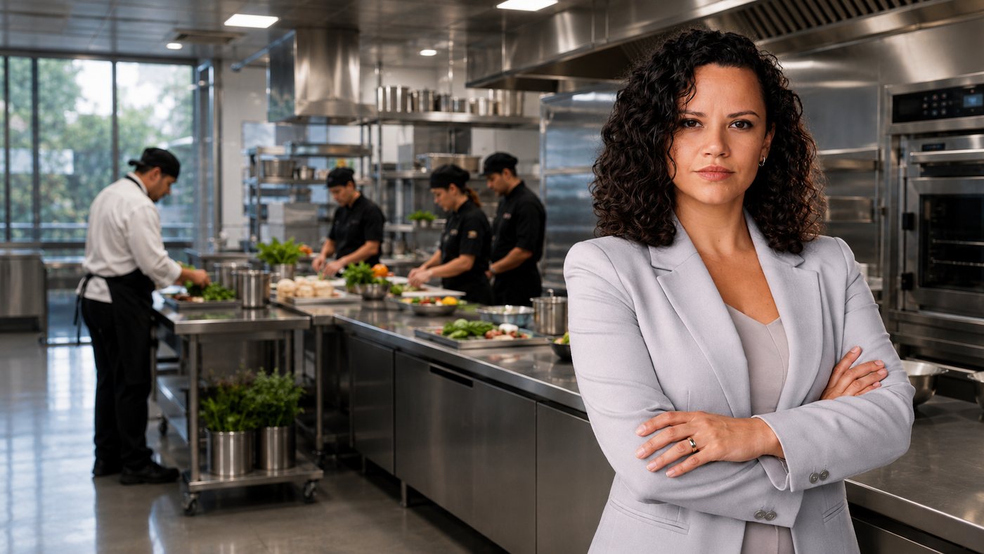 Natália Wrege, fundadora e CEO da UANPRO, em uma cozinha profissional